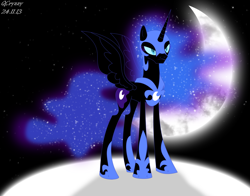 Size: 900x705 | Tagged: safe, artist:qcryzzy, derpibooru import, nightmare moon, alicorn, black coat, female, horn, mare, simple background, solo