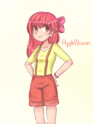 Size: 600x800 | Tagged: safe, artist:cosmicponye, derpibooru import, apple bloom, human, humanized, light skin, solo, suspenders