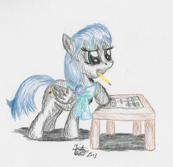 Size: 909x878 | Tagged: safe, artist:kuroitsubasatenshi, derpibooru import, oc, oc only, pegasus, pony, clothes, dusky down, mouth hold, pencil, puzzle, scarf, solo, traditional art