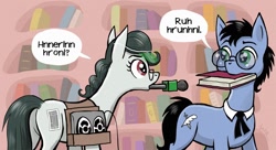 Size: 1200x652 | Tagged: safe, artist:pedantia, derpibooru import, oc, oc only, oc:front page, oc:tympany, book, earth pony problems, glasses, microphone, mouth hold, speech bubble, tape recorder