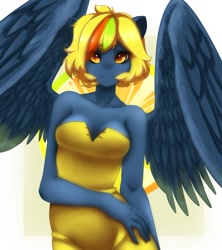 Size: 1133x1275 | Tagged: safe, artist:tolsticot, derpibooru exclusive, oc, oc only, anthro, pegasus, anthro oc, clothes, female, golden eyes, looking at you, mare, smiling, solo, spread wings, wings, yellow hair, yellow mane