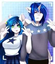 Size: 850x992 | Tagged: safe, artist:tolsticot, oc, oc only, anthro, pegasus, unicorn, anthro oc, blue hair, blue mane, breasts, camera, camera shot, clothes, duo, female, male, mare, peace sign, shirt, stallion, tongue out