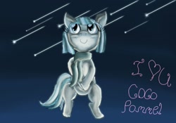 Size: 1351x944 | Tagged: safe, artist:furryxxi-02, derpibooru import, coco pommel, clothes, heart, meteor shower, note, scarf, shooting star, shooting stars, signature, solo, stars