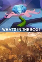 Size: 442x656 | Tagged: safe, derpibooru import, princess twilight sparkle (episode), season 4, day of the doctor, doctor who, exploitable meme, gallifrey, gallifrey falls no more, meme, mystery box of plot importance, time war, what's in the box?