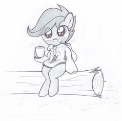 Size: 1024x1016 | Tagged: safe, artist:lockerobster, derpibooru import, scootaloo, clothes, cup, cute, cutealoo, grayscale, log, monochrome, sitting, solo, sweater, traditional art