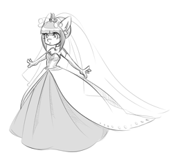 Size: 1662x1507 | Tagged: safe, artist:rubyrue, derpibooru import, oc, oc only, oc:rubyrue, anthro, anthro oc, clothes, dress, monochrome, solo, wedding, wedding dress