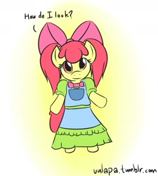 Size: 1617x1800 | Tagged: safe, artist:vulapa, derpibooru import, apple bloom, pony, alternate hairstyle, bipedal, clothes, cute, dress, pigtails, solo