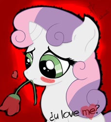 Size: 1194x1301 | Tagged: safe, artist:vendetatj, derpibooru import, sweetie belle, blushing, cute, diasweetes, heart, mouth hold, rose, solo