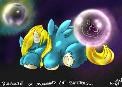 Size: 1750x1250 | Tagged: safe, artist:ryunnosuke, derpibooru import, alicorn, fluffy pony, pony, dream, fluffy pony foal, sleeping