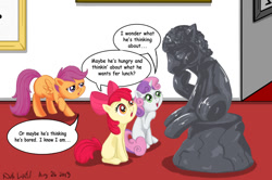 Size: 900x599 | Tagged: dead source, safe, artist:beefcrow, derpibooru import, apple bloom, scootaloo, sweetie belle, pony, cutie mark crusaders, female, filly, fine art parody, museum, speech bubble, statue, the thinker