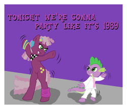 Size: 2900x2500 | Tagged: safe, artist:kitsune-the-fox, derpibooru import, cheerilee, spike, dragon, 80s, 80s cheerilee, dancing