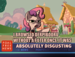 Size: 1593x1206 | Tagged: safe, artist:derkrazykraut, derpibooru import, edit, sweetie belle, absolutely disgusting, blurry, derpibooru, image macro, op is a cuck, op is trying to start shit