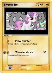 Size: 373x521 | Tagged: safe, derpibooru import, sweetie belle, sweetie bot, pony, robot, unicorn, female, filly, foal, gears, hooves, horn, pokemon card, pokémon, red eyes, smiling, solo, teeth, text