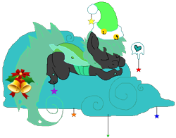 Size: 473x371 | Tagged: safe, artist:princessamity, derpibooru import, oc, oc only, changeling, bells, cloud, green changeling, hat, heart, hearth's warming eve, holiday, ribbon, simple background, sleeping, solo, stars, transparent background, vector