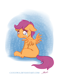 Size: 600x771 | Tagged: safe, artist:caycowa, derpibooru import, scootaloo, crying, sad, solo, spread wings