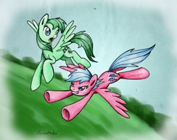 Size: 1880x1488 | Tagged: safe, artist:eeveetachi, derpibooru import, firefly, medley, pegasus, pony, g1, duo, flying, g1 to g4, generation leap, traditional art