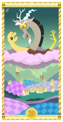 Size: 400x775 | Tagged: safe, artist:janeesper, derpibooru import, discord, chaos, cloud, cotton candy, cotton candy cloud, discorded landscape, food, green sky, judgement, ponyville, solo, tarot card