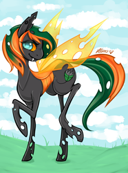 Size: 1336x1800 | Tagged: safe, artist:chao-illustrations, derpibooru import, oc, oc only, changeling, double colored changeling, orange changeling, solo