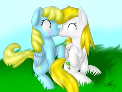 Size: 1024x768 | Tagged: safe, artist:icy wings, derpibooru import, sassaflash, background pony, blind bag pony, blushing, breezie (character), female, hoof popping, kissing, lesbian, shipping