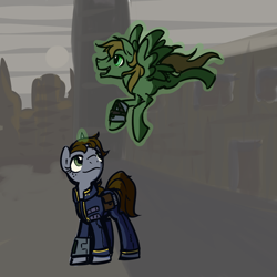 Size: 1280x1280 | Tagged: safe, artist:inlucidreverie, derpibooru import, oc, oc only, oc:littlepip, oc:murky, pegasus, pony, unicorn, fallout equestria, fallout equestria: murky number seven, clothes, fanfic, fanfic art, female, hooves, horn, magic, male, mare, open mouth, pipbuck, saddle bag, spread wings, stallion, telekinesis, vault suit, when he smiles, wings