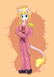 Size: 1400x2000 | Tagged: safe, artist:looji, derpibooru import, oc, oc only, anthro, classical unicorn, anthro oc, clothes, crown, leonine tail, prince apricot, solo