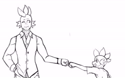 Size: 5948x3741 | Tagged: safe, artist:franschesco, spike, anthro, absurd resolution, fist bump, monochrome, older, older spike, self dragondox, self paradox, time paradox