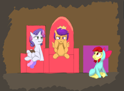 Size: 1200x884 | Tagged: artist needed, safe, derpibooru import, apple bloom, scootaloo, sweetie belle, earth pony, pegasus, pony, unicorn, clipboard, crown, cutie mark crusaders, female, filly, outfit, sitting, throne