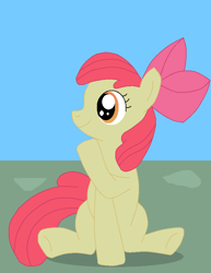 Size: 637x825 | Tagged: safe, artist:ced75, derpibooru import, apple bloom, earth pony, pony, apple bloom's bow, female, filly, raised hoof, red mane, red tail, simple background, sitting, smiling, solo, yellow coat