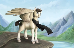 Size: 1265x821 | Tagged: safe, artist:170th, derpibooru import, oc, oc only, oc:greasette cogwheel, pegasus, pony, bulky, clothes, scarf, scenery, short hair, solo