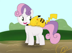 Size: 1280x946 | Tagged: safe, artist:cipherpie, derpibooru import, sweetie belle, pikachu, sleeping