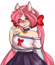 Size: 1728x2048 | Tagged: safe, artist:yukomaussi, oc, oc only, oc:atrie, anthro, unicorn, clothes, eyes closed, freckles, necklace, skirt, smiling, solo