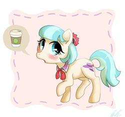 Size: 823x767 | Tagged: safe, artist:c-puff, derpibooru import, coco pommel, earth pony, pony, rarity takes manehattan, :o, blushing, cocobetes, coffee, cute, digital art, female, mare, necktie, open mouth, pictogram, solo, walking