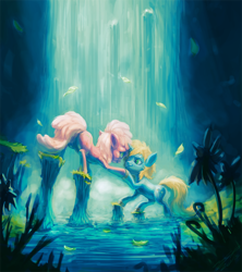 Size: 1420x1600 | Tagged: safe, artist:assasinmonkey, derpibooru import, oc, oc only, oc:sonik, oc:tropical breeze, crepuscular rays, forest, glow, water, waterfall