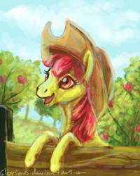 Size: 900x1125 | Tagged: safe, artist:gloriaus, derpibooru import, apple bloom, apple, fence, hat, horse face, realistic, solo