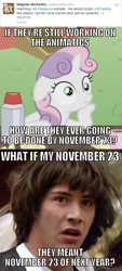 Size: 500x1107 | Tagged: safe, derpibooru import, sweetie belle, season 4, conspiracy keanu, exploitable meme, meghan mccarthy, meme, twitter