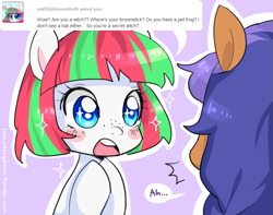 Size: 823x650 | Tagged: safe, artist:milk4ppl, derpibooru import, blossomforth, oc, oc:lavender gleam, ask, ask filly blossomforth, asklavendergleam, female, filly, filly blossomforth