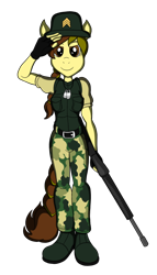 Size: 676x1183 | Tagged: safe, artist:majikkumausuii, derpibooru import, oc, oc only, anthro, anthro oc, assault rifle, boots, female, gun, katie buckswell, military, pose, real gun, rifle, sergeant, soldier, solo, weapon