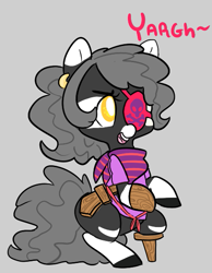 Size: 453x583 | Tagged: safe, artist:mt, derpibooru import, oc, oc only, oc:minituffs, zebra, amputee, bipedal, clothes, earring, eyepatch, minituffs, neckerchief, peg leg, piercing, pirate, prosthetic leg, prosthetic limb, prosthetics, shirt, solo, wooden sword