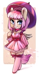 Size: 610x1151 | Tagged: safe, artist:yukomaussi, oc, oc only, oc:cornet de creme, anthro, pegasus, clothes, dress, solo, umbrella