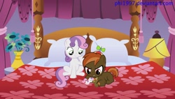 Size: 1024x580 | Tagged: safe, artist:phi1997, derpibooru import, button mash, sweetie belle, bed, female, male, shipping, straight, sweetiemash, toy