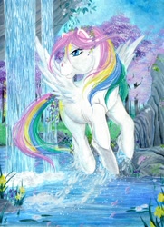 Size: 1000x1385 | Tagged: safe, artist:rainwaterfallszone, derpibooru import, starshine, g1, flower, solo, traditional art, waterfall