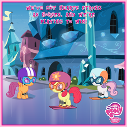 Size: 800x800 | Tagged: safe, derpibooru import, apple bloom, scootaloo, sweetie belle, equestria games (episode), crystal empire, cutie mark crusaders, equestria games, facebook, glasses, goggles, hearts as strong as horses, hearts strong as horses, helmet, knee pads, logo, my little pony logo, official, s4, skiing, text