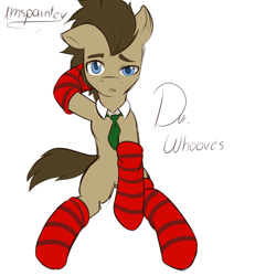 Size: 1000x1080 | Tagged: safe, artist:imspainter, derpibooru import, doctor whooves, clothes, looking at you, necktie, socks, solo, striped socks, unsure