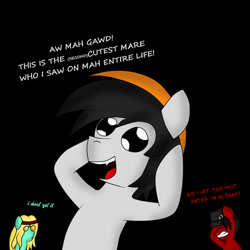 Size: 500x500 | Tagged: safe, artist:midnightmeowth, derpibooru import, oc, oc only, oc:arty, dialogue, facehoof, hat, smiling, text