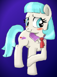 Size: 550x750 | Tagged: safe, artist:etech, derpibooru import, coco pommel, rarity takes manehattan, blushing, looking away, missing accessory, solo