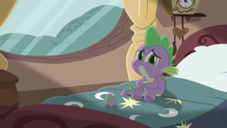 Size: 2560x1440 | Tagged: safe, artist:destinyprogenitor, derpibooru import, barb, spike, dragon, bed, clock, dragon egg, egg, fanfic art, fanfic cover, pillow, rule 63, sad, solo