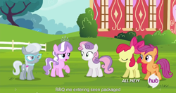 Size: 1152x609 | Tagged: safe, screencap, apple bloom, diamond tiara, scootaloo, silver spoon, sweetie belle, twilight time, all new, barbeque, cutie mark crusaders, food, hub logo, meme, text, youtube caption