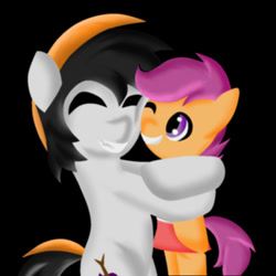 Size: 500x500 | Tagged: safe, artist:midnightmeowth, derpibooru import, scootaloo, oc, oc:arty, hug