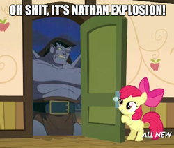 Size: 425x363 | Tagged: safe, apple bloom, apple closet, exploitable meme, gargoyles, goliath, image macro, meme, metalocalypse, nathan explosion, vulgar