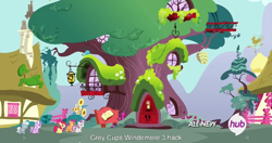 Size: 1152x609 | Tagged: safe, screencap, apple bloom, diamond tiara, scootaloo, silver spoon, sweetie belle, twilight time, cutie mark crusaders, golden oaks library, hub logo, meme, ponyville, youtube caption